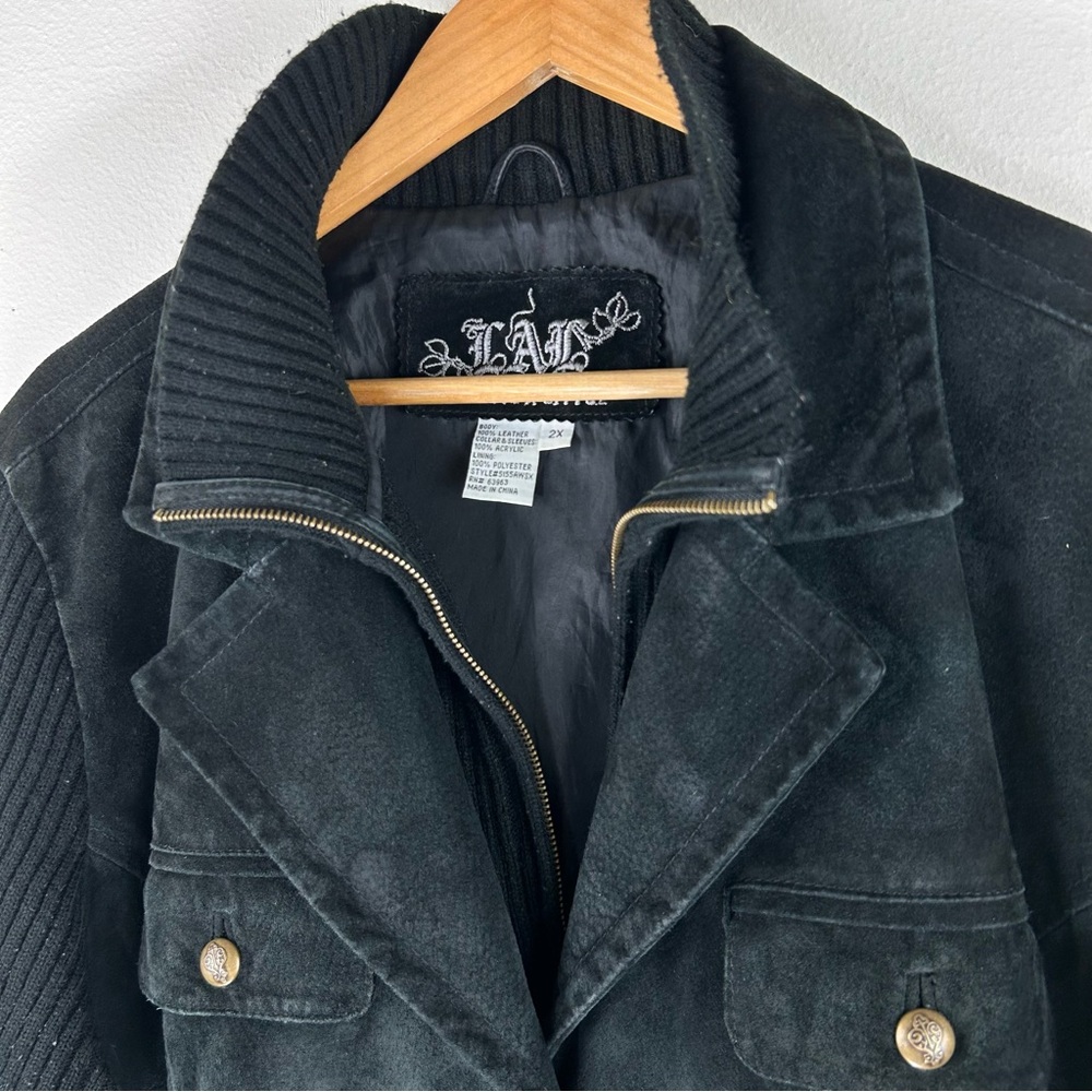 Live a Little Women’s Y2K Black Suede Leather Knit Sleeves Jacket Size 2X - Picture 3 of 8